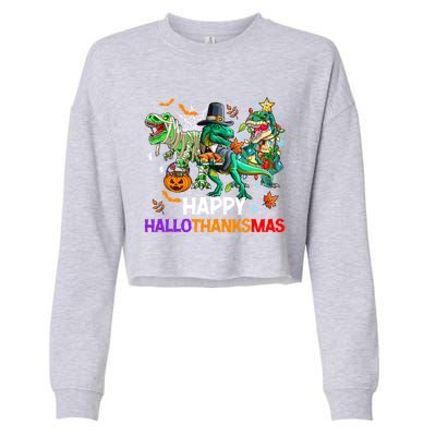 Happy Hallothanksmas Dinosaur Halloween Thanksgiving Xmas Gift Cropped Pullover Crew