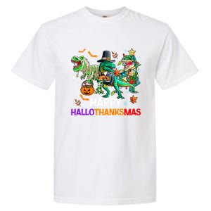 Happy Hallothanksmas Dinosaur Halloween Thanksgiving Xmas Gift Garment-Dyed Heavyweight T-Shirt