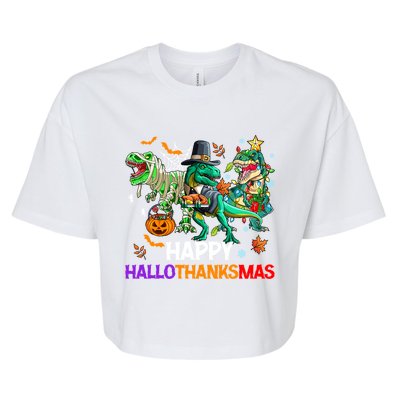 Happy Hallothanksmas Dinosaur Halloween Thanksgiving Xmas Gift Bella+Canvas Jersey Crop Tee