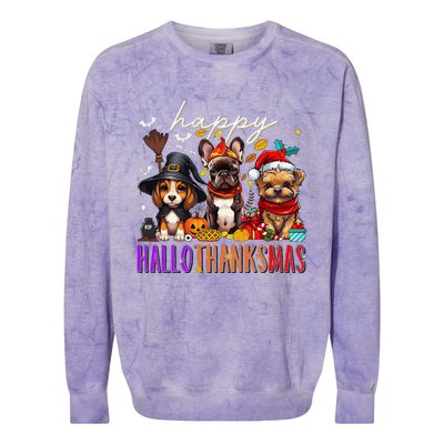 Happy Hallothanksmas Dogs Halloween Thanksgiving Christmas Colorblast Crewneck Sweatshirt