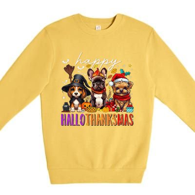 Happy Hallothanksmas Dogs Halloween Thanksgiving Christmas Premium Crewneck Sweatshirt