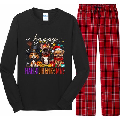 Happy Hallothanksmas Dogs Halloween Thanksgiving Christmas Long Sleeve Pajama Set