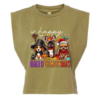 Happy Hallothanksmas Dogs Halloween Thanksgiving Christmas Garment-Dyed Women's Muscle Tee