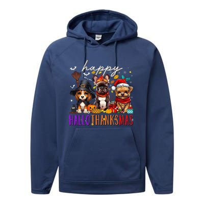 Happy Hallothanksmas Dogs Halloween Thanksgiving Christmas Performance Fleece Hoodie