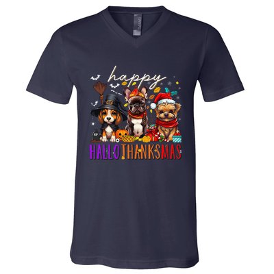 Happy Hallothanksmas Dogs Halloween Thanksgiving Christmas V-Neck T-Shirt