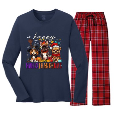 Happy Hallothanksmas Dogs Halloween Thanksgiving Christmas Women's Long Sleeve Flannel Pajama Set 