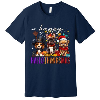 Happy Hallothanksmas Dogs Halloween Thanksgiving Christmas Premium T-Shirt