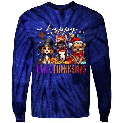 Happy Hallothanksmas Dogs Halloween Thanksgiving Christmas Tie-Dye Long Sleeve Shirt