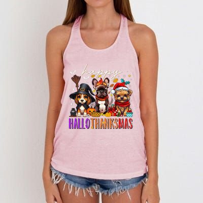 Happy Hallothanksmas Dogs Halloween Thanksgiving Christmas Women's Knotted Racerback Tank