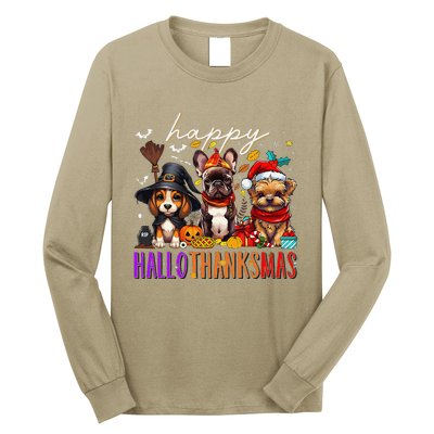 Happy Hallothanksmas Dogs Halloween Thanksgiving Christmas Long Sleeve Shirt