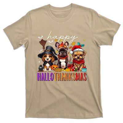 Happy Hallothanksmas Dogs Halloween Thanksgiving Christmas T-Shirt