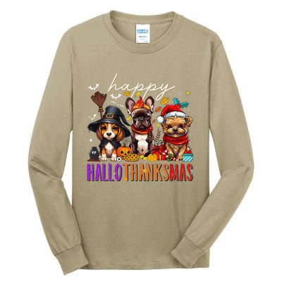 Happy Hallothanksmas Dogs Halloween Thanksgiving Christmas Tall Long Sleeve T-Shirt