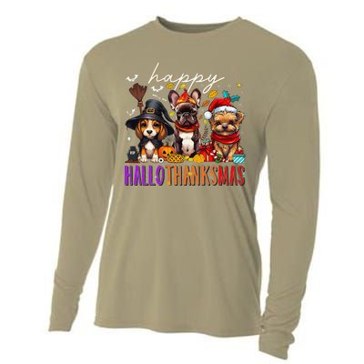 Happy Hallothanksmas Dogs Halloween Thanksgiving Christmas Cooling Performance Long Sleeve Crew