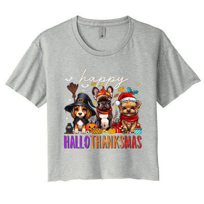 Happy Hallothanksmas Dogs Halloween Thanksgiving Christmas Women's Crop Top Tee