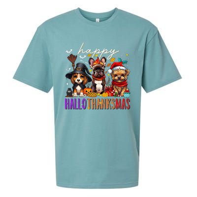 Happy Hallothanksmas Dogs Halloween Thanksgiving Christmas Sueded Cloud Jersey T-Shirt