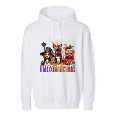 Happy Hallothanksmas Dogs Halloween Thanksgiving Christmas Garment-Dyed Fleece Hoodie