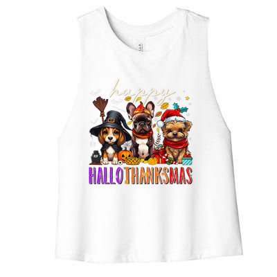 Happy Hallothanksmas Dogs Halloween Thanksgiving Christmas Women's Racerback Cropped Tank