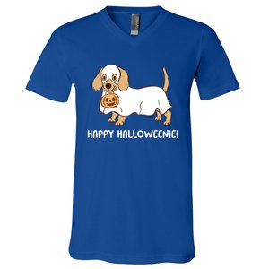 Happy Halloweenie Dachshund Dog Ghost Lazy Halloween Costume Gift V-Neck T-Shirt