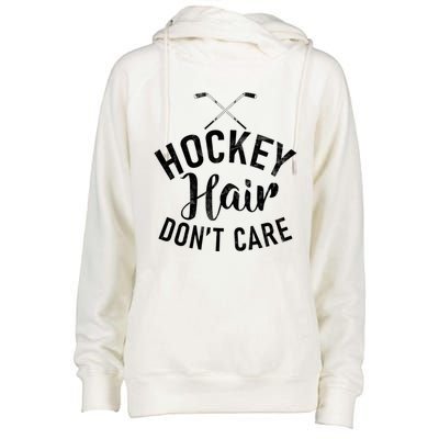 Hockey Hair Dont Care Hockey Gift Womens Funnel Neck Pullover Hood