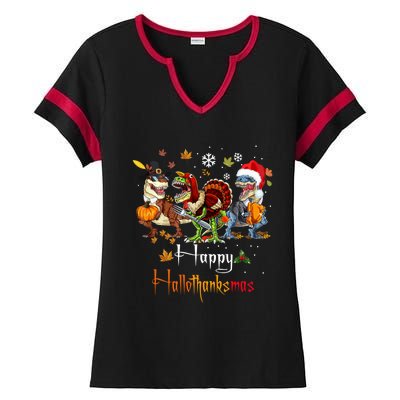 Happy Hallothanksmas Dinosaurs T Rex Turkey Costume Gift Ladies Halftime Notch Neck Tee