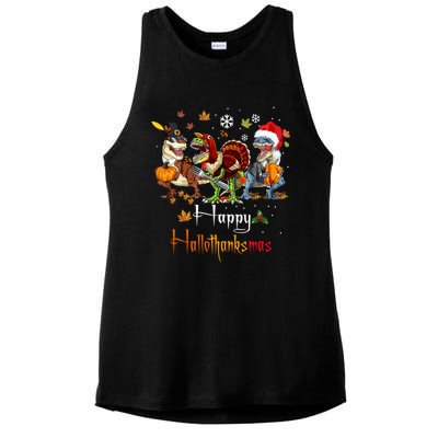 Happy Hallothanksmas Dinosaurs T Rex Turkey Costume Gift Ladies PosiCharge Tri-Blend Wicking Tank