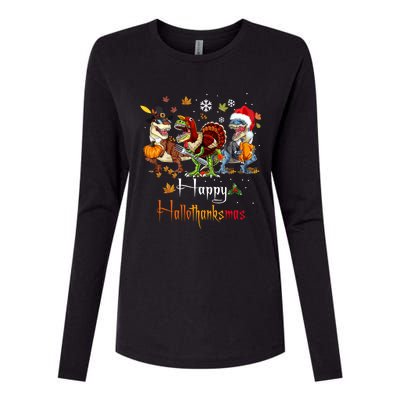 Happy Hallothanksmas Dinosaurs T Rex Turkey Costume Gift Womens Cotton Relaxed Long Sleeve T-Shirt