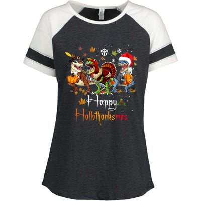 Happy Hallothanksmas Dinosaurs T Rex Turkey Costume Gift Enza Ladies Jersey Colorblock Tee