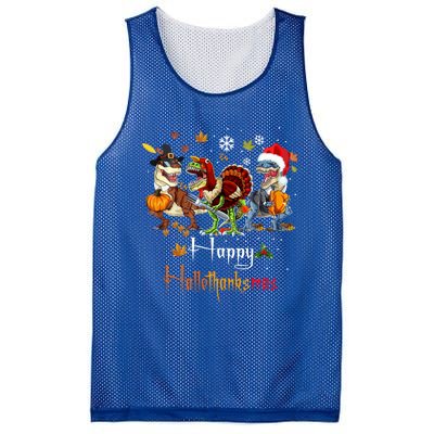 Happy Hallothanksmas Dinosaurs T Rex Turkey Costume Gift Mesh Reversible Basketball Jersey Tank