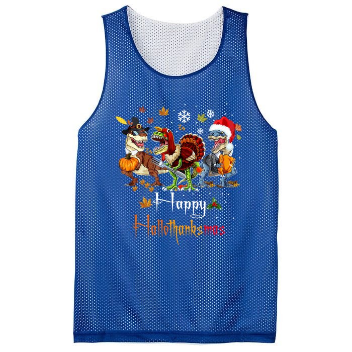 Happy Hallothanksmas Dinosaurs T Rex Turkey Costume Gift Mesh Reversible Basketball Jersey Tank