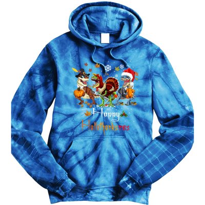 Happy Hallothanksmas Dinosaurs T Rex Turkey Costume Gift Tie Dye Hoodie