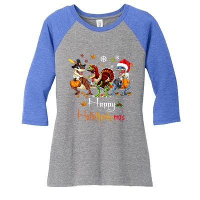 Happy Hallothanksmas Dinosaurs T Rex Turkey Costume Gift Women's Tri-Blend 3/4-Sleeve Raglan Shirt