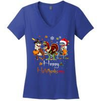 Happy Hallothanksmas Dinosaurs T Rex Turkey Costume Gift Women's V-Neck T-Shirt