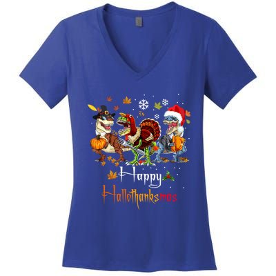 Happy Hallothanksmas Dinosaurs T Rex Turkey Costume Gift Women's V-Neck T-Shirt