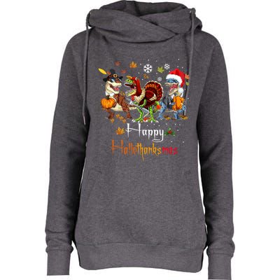 Happy Hallothanksmas Dinosaurs T Rex Turkey Costume Gift Womens Funnel Neck Pullover Hood