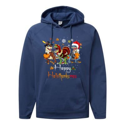 Happy Hallothanksmas Dinosaurs T Rex Turkey Costume Gift Performance Fleece Hoodie