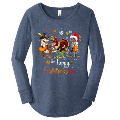 Happy Hallothanksmas Dinosaurs T Rex Turkey Costume Gift Women's Perfect Tri Tunic Long Sleeve Shirt