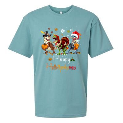 Happy Hallothanksmas Dinosaurs T Rex Turkey Costume Gift Sueded Cloud Jersey T-Shirt