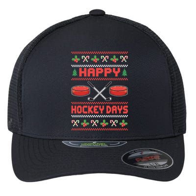 Happy Hockey Days Ugly Christmas Ice Hockey Gift Flexfit Unipanel Trucker Cap