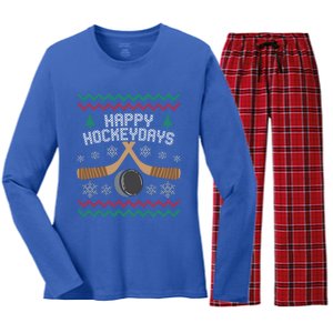 Happy Hockey Days Ugly Christmas Cool Gift Cool Gift Women's Long Sleeve Flannel Pajama Set 