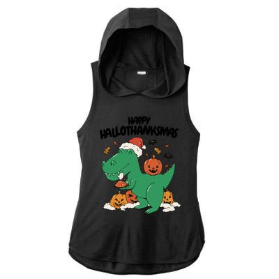 Happy Hallothanksmas Dinosaur Holiday Ladies PosiCharge Tri-Blend Wicking Draft Hoodie Tank