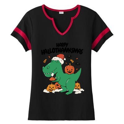 Happy Hallothanksmas Dinosaur Holiday Ladies Halftime Notch Neck Tee