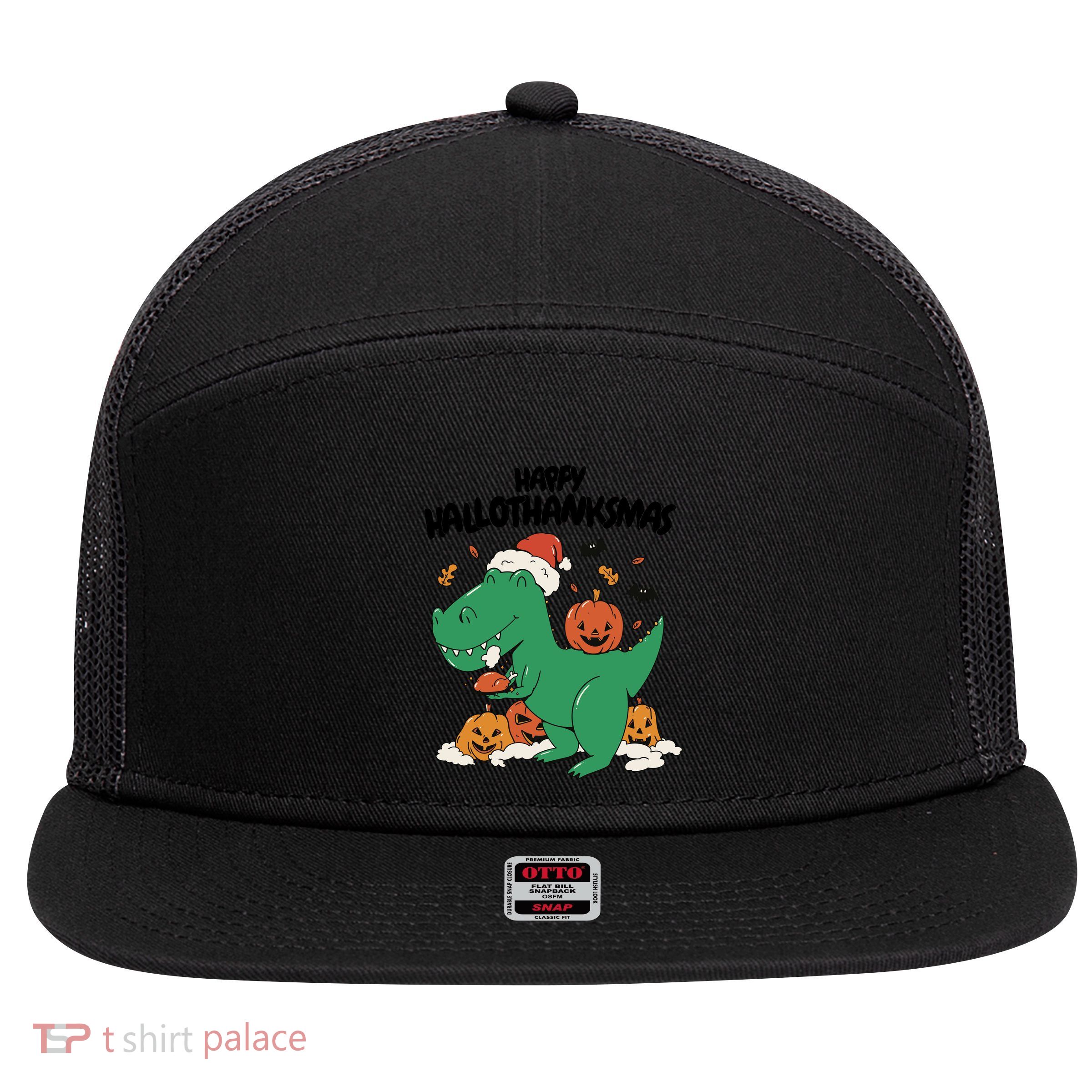 Happy Hallothanksmas Dinosaur Holiday 7 Panel Mesh Trucker Snapback Hat