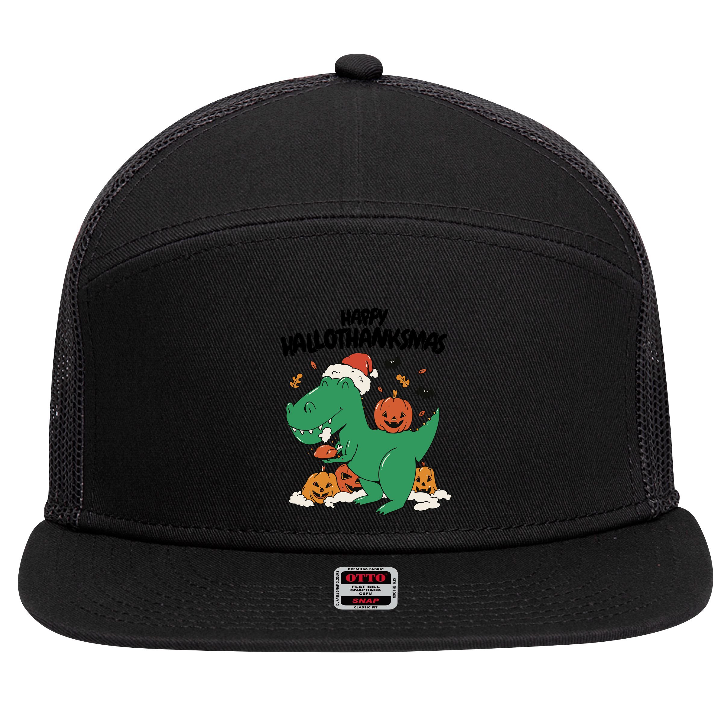 Happy Hallothanksmas Dinosaur Holiday 7 Panel Mesh Trucker Snapback Hat