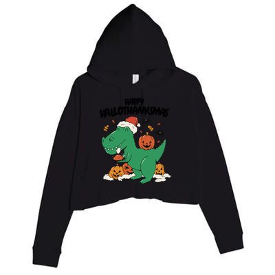 Happy Hallothanksmas Dinosaur Holiday Crop Fleece Hoodie