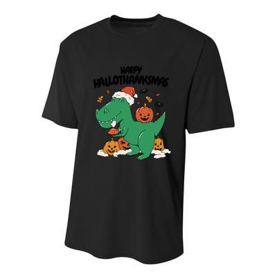 Happy Hallothanksmas Dinosaur Holiday Youth Performance Sprint T-Shirt