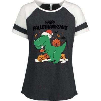 Happy Hallothanksmas Dinosaur Holiday Enza Ladies Jersey Colorblock Tee