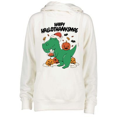 Happy Hallothanksmas Dinosaur Holiday Womens Funnel Neck Pullover Hood