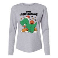 Happy Hallothanksmas Dinosaur Holiday Womens Cotton Relaxed Long Sleeve T-Shirt