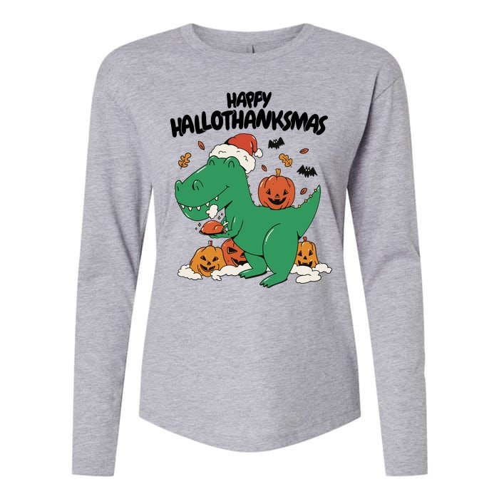 Happy Hallothanksmas Dinosaur Holiday Womens Cotton Relaxed Long Sleeve T-Shirt