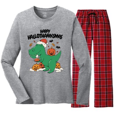 Happy Hallothanksmas Dinosaur Holiday Women's Long Sleeve Flannel Pajama Set 